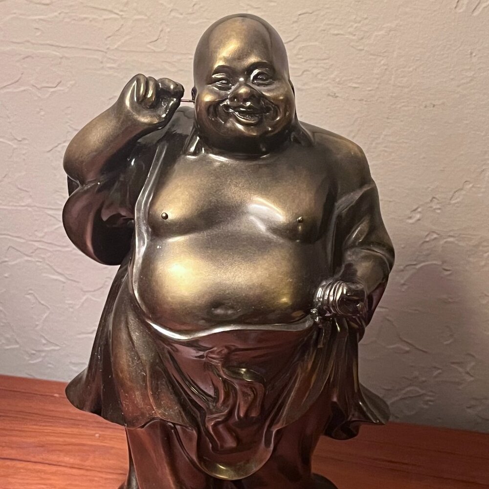 12" Laughing Buddha Standing Black Copper Resin Statue Figurine